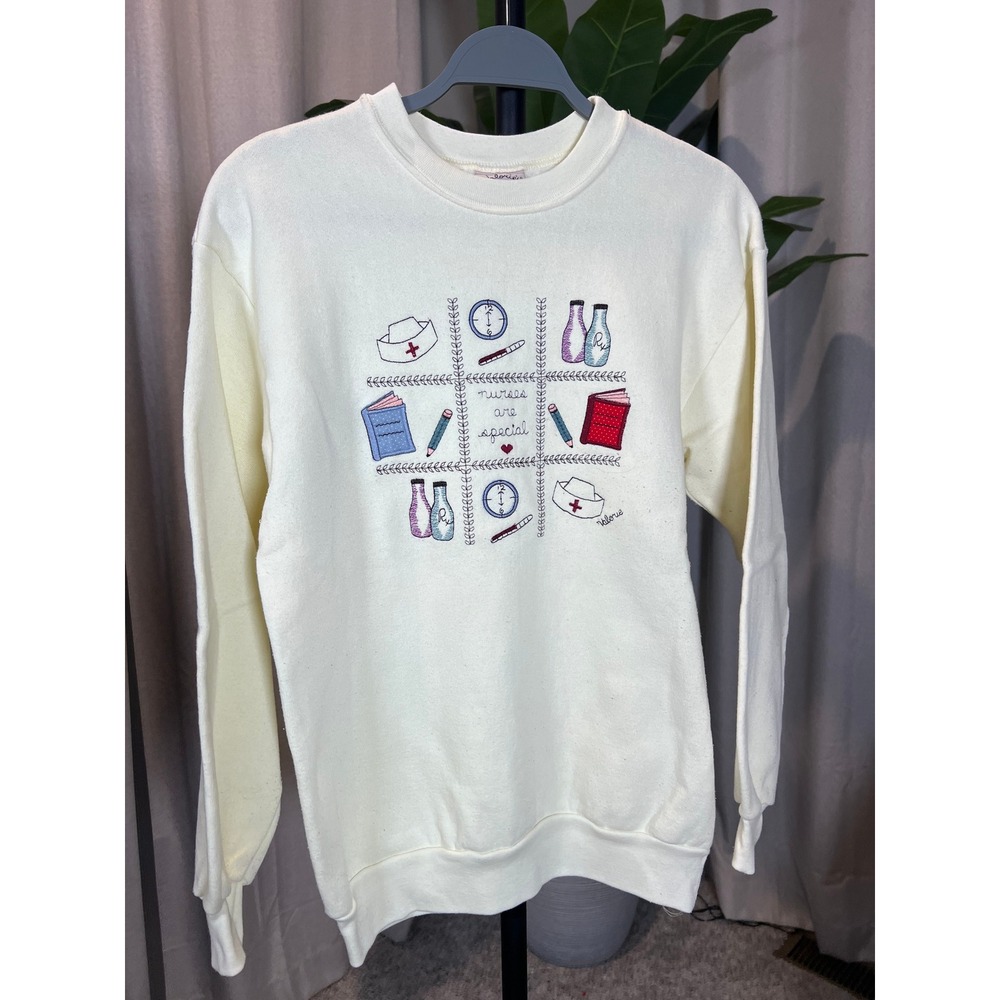 Vintage Valorie's Folk Art Nurses Are Special Embroidered Sweatshirt Cream M/L